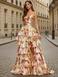 Yellow Floral Tiered Long Prom Dress With Keyhole Detail