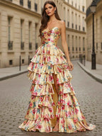 Yellow Floral Tiered Long Prom Dress With Keyhole Detail