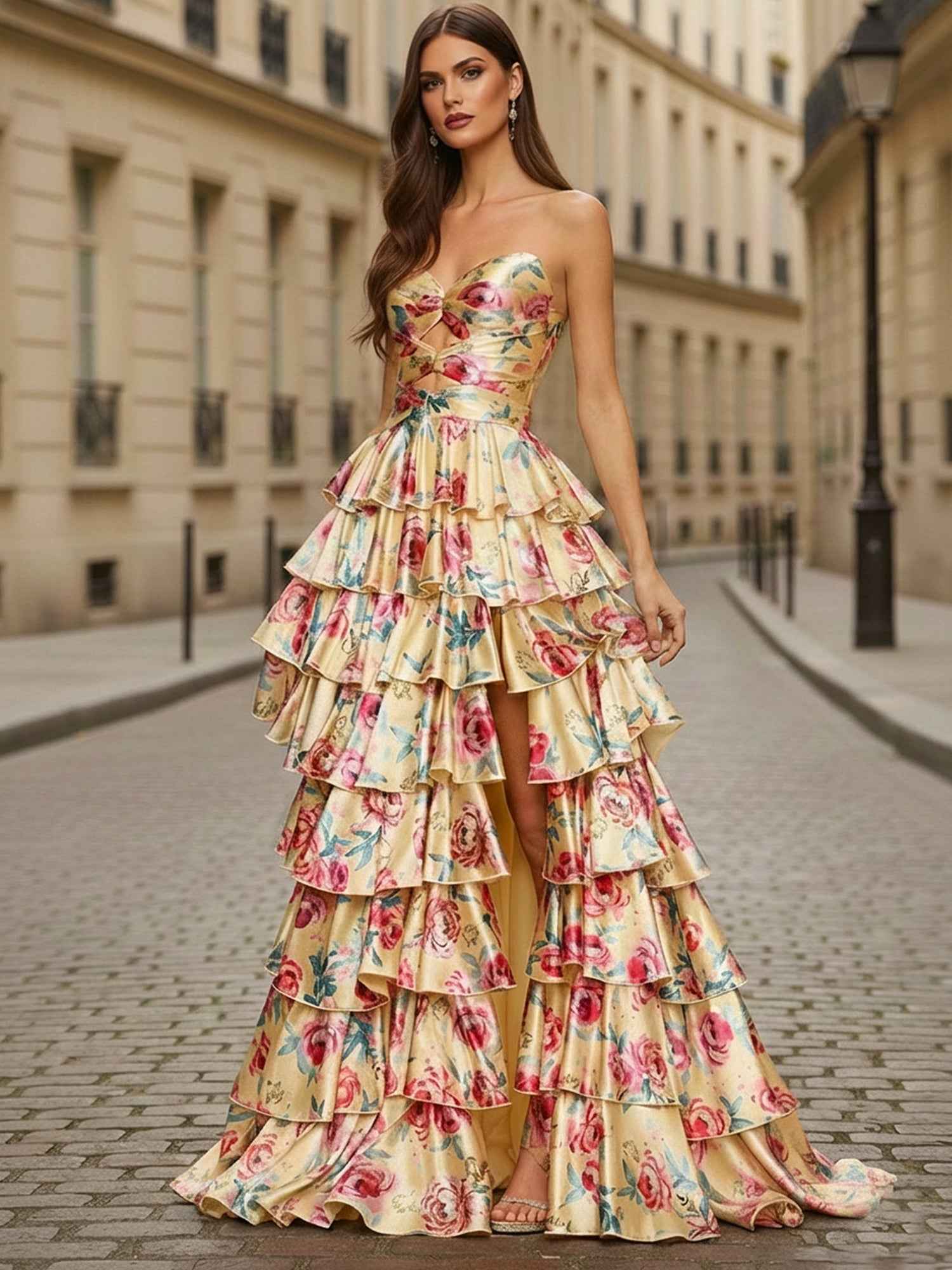 Yellow Floral Tiered Long Prom Dress With Keyhole Detail