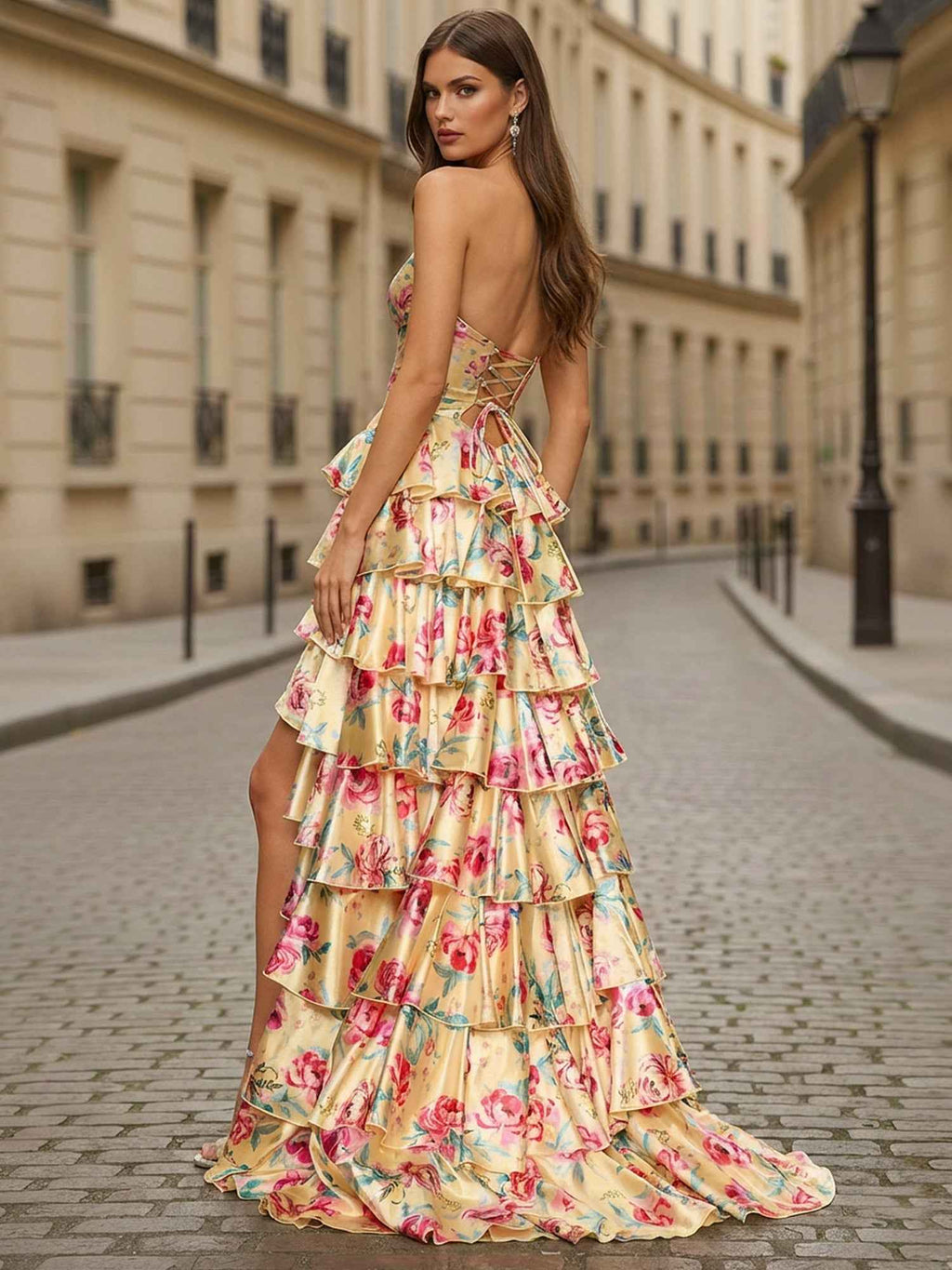 Yellow Floral Tiered Long Prom Dress With Keyhole Detail