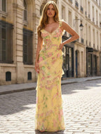 Yellow V Neck Floral Ruffle A Line Chiffon Prom Dress