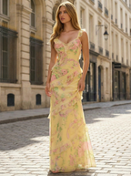 Yellow V Neck Floral Ruffle A Line Chiffon Prom Dress