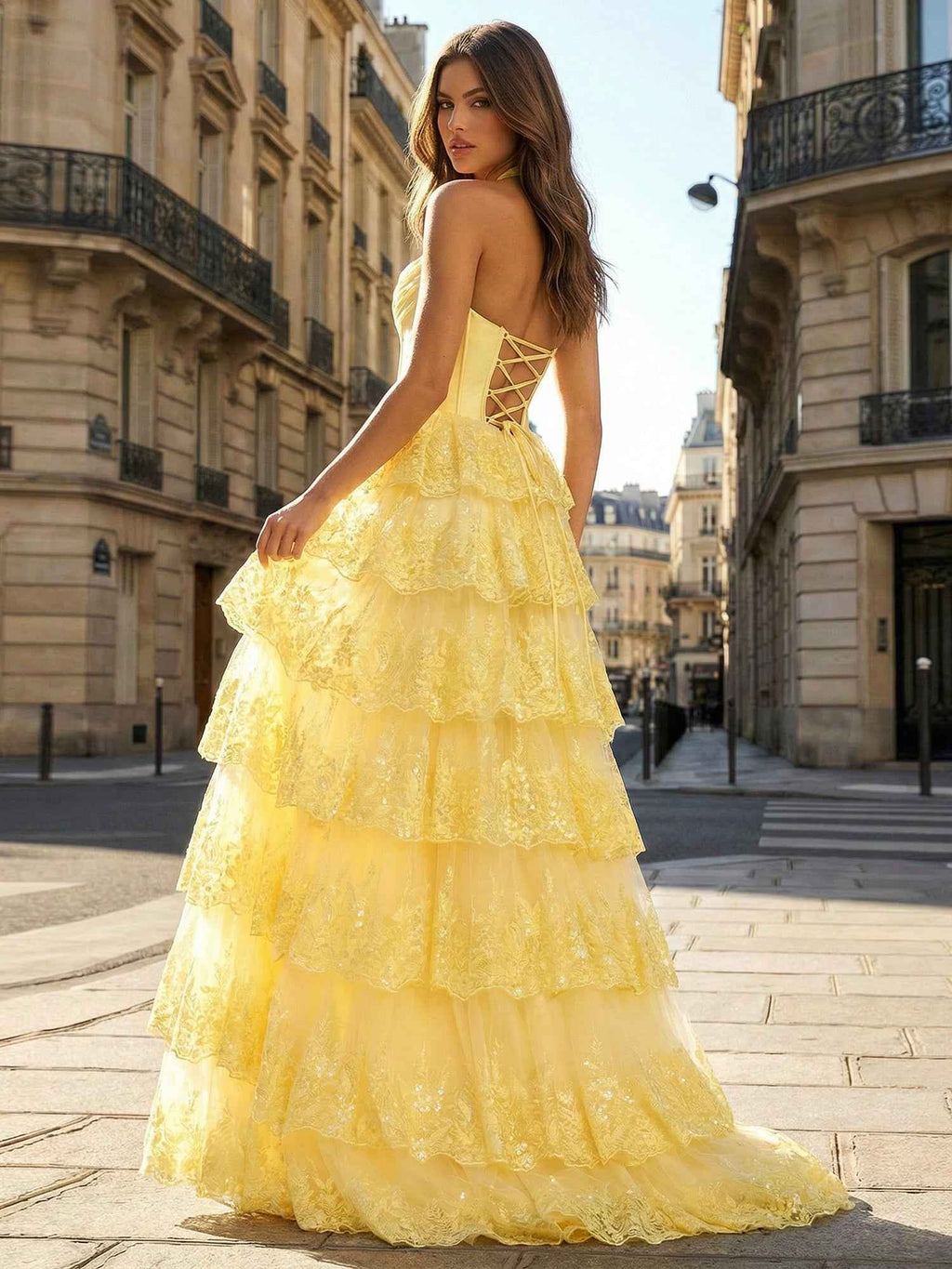 Yellow Halter Neck Lace Tiered Corset Prom Dress With Slit