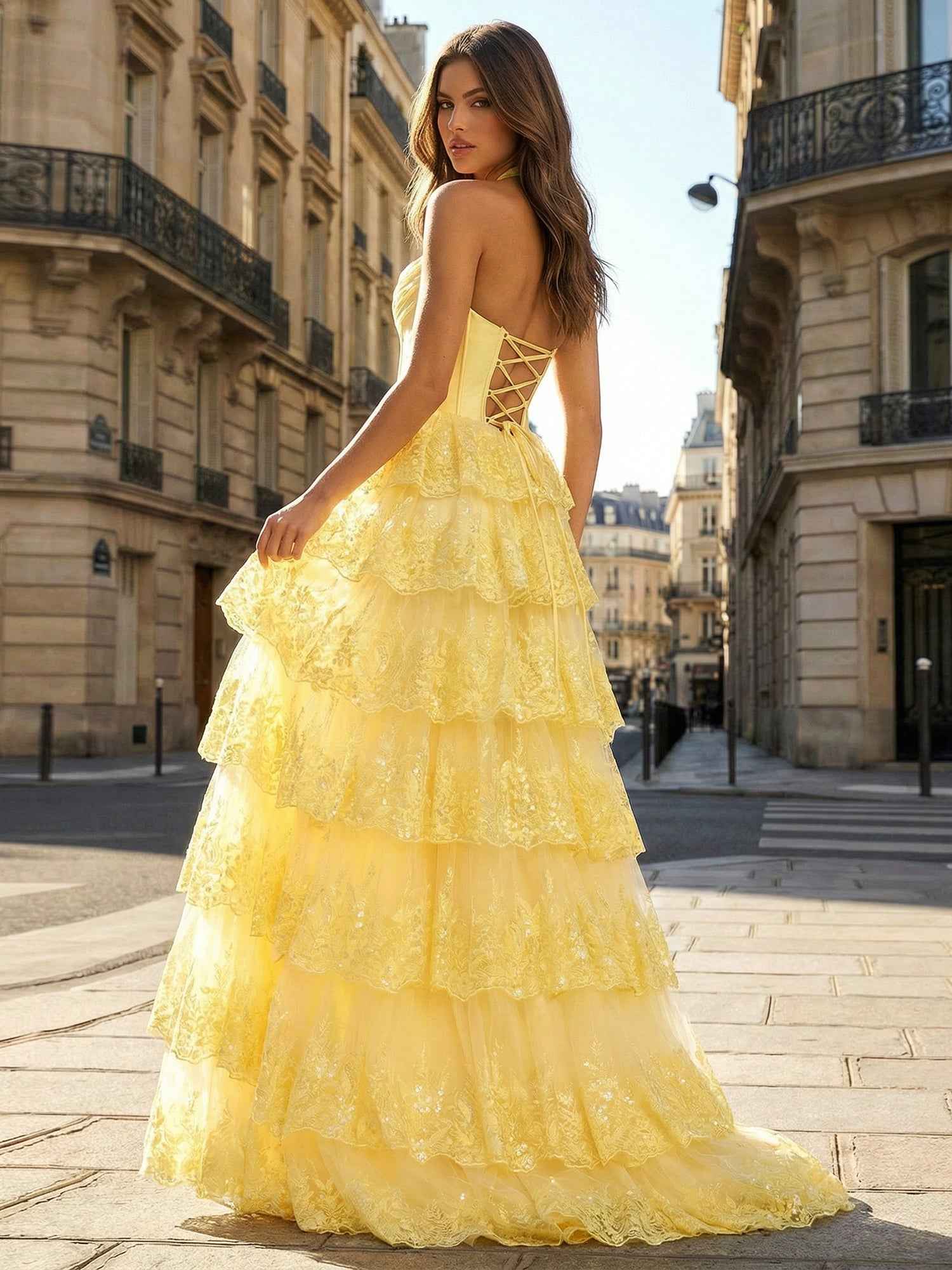 Yellow Halter Neck Lace Tiered Corset Prom Dress With Slit