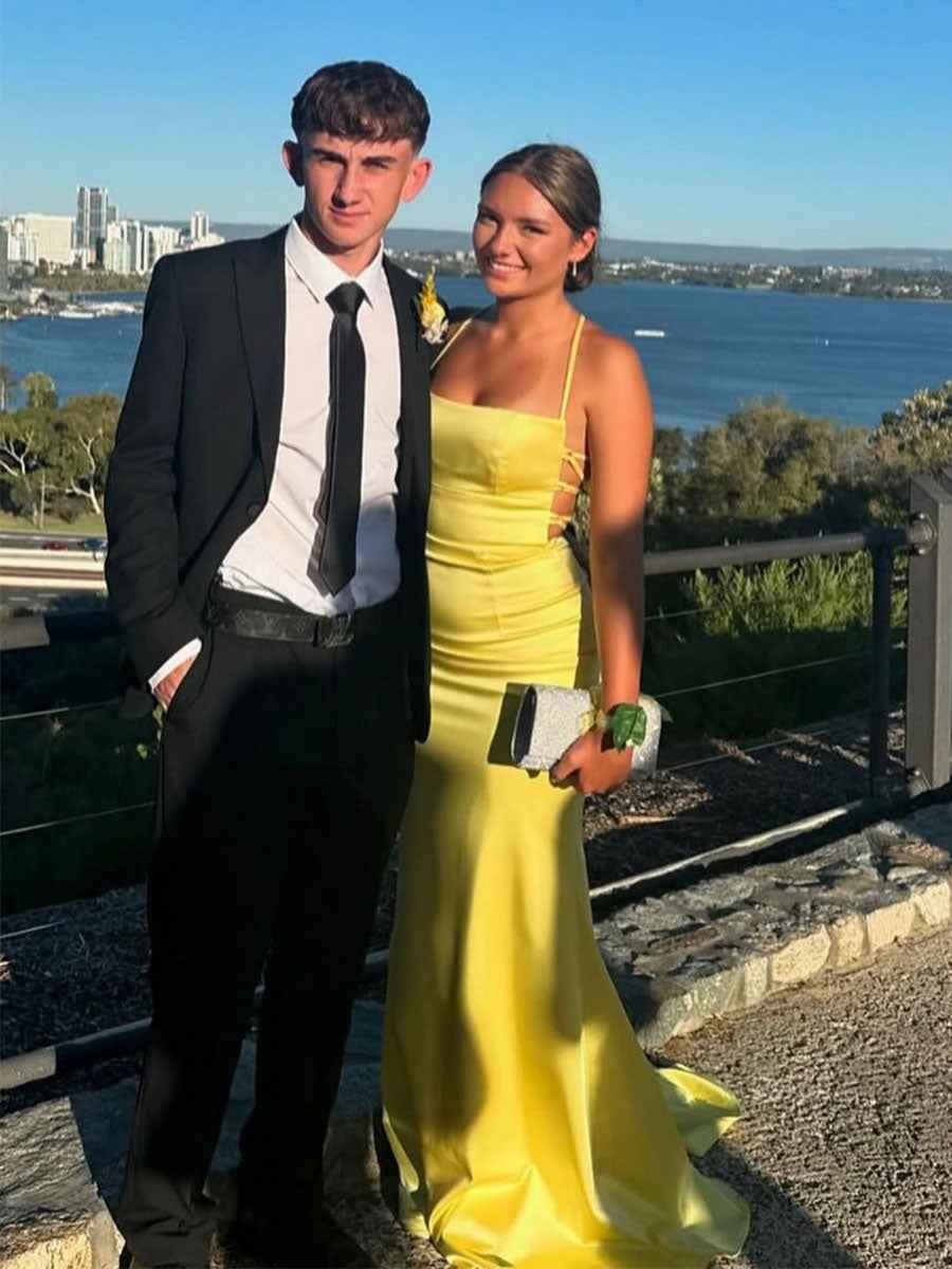 Yellow Mermaid Prom Dress With Spaghetti Straps And Back Cutouts