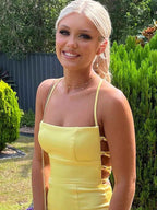 Yellow Mermaid Prom Dress With Spaghetti Straps And Back Cutouts