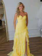 Yellow Mermaid Prom Dress Strapless Sweetheart Neckline Tiered Tulle Slit