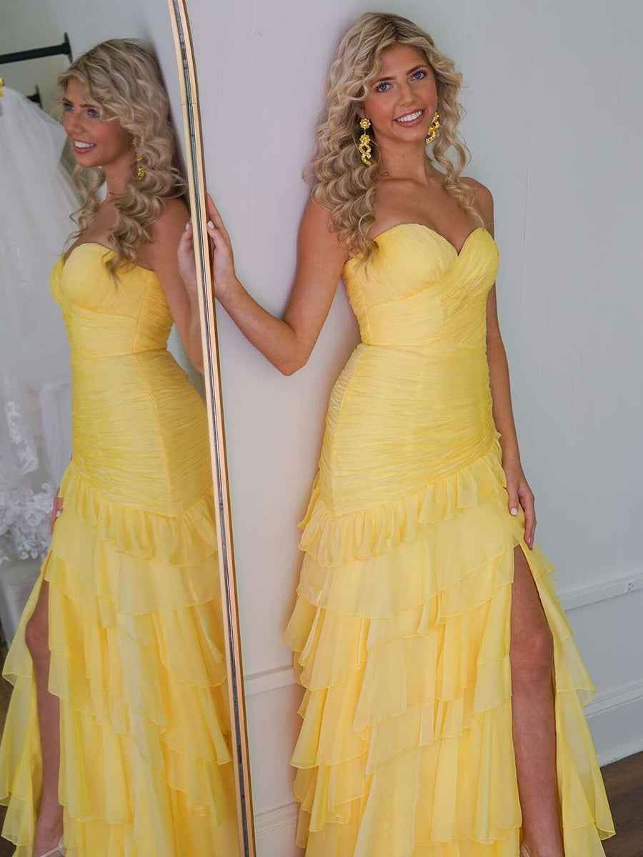 Yellow Mermaid Prom Dress Strapless Sweetheart Neckline Tiered Tulle Slit