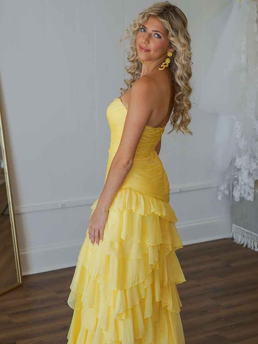 Yellow Mermaid Prom Dress Strapless Sweetheart Neckline Tiered Tulle Slit