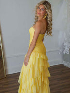 Yellow Mermaid Prom Dress Strapless Sweetheart Neckline Tiered Tulle Slit