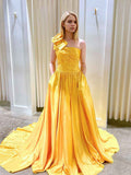 Golden Yellow One Shoulder Satin Prom Dress With Giant 3D Flower And Pockets