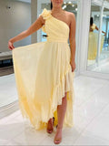 Yellow One-Shoulder Rosette Chiffon Prom Dress High Low Skirt