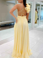 Yellow One-Shoulder Rosette Chiffon Prom Dress High Low Skirt