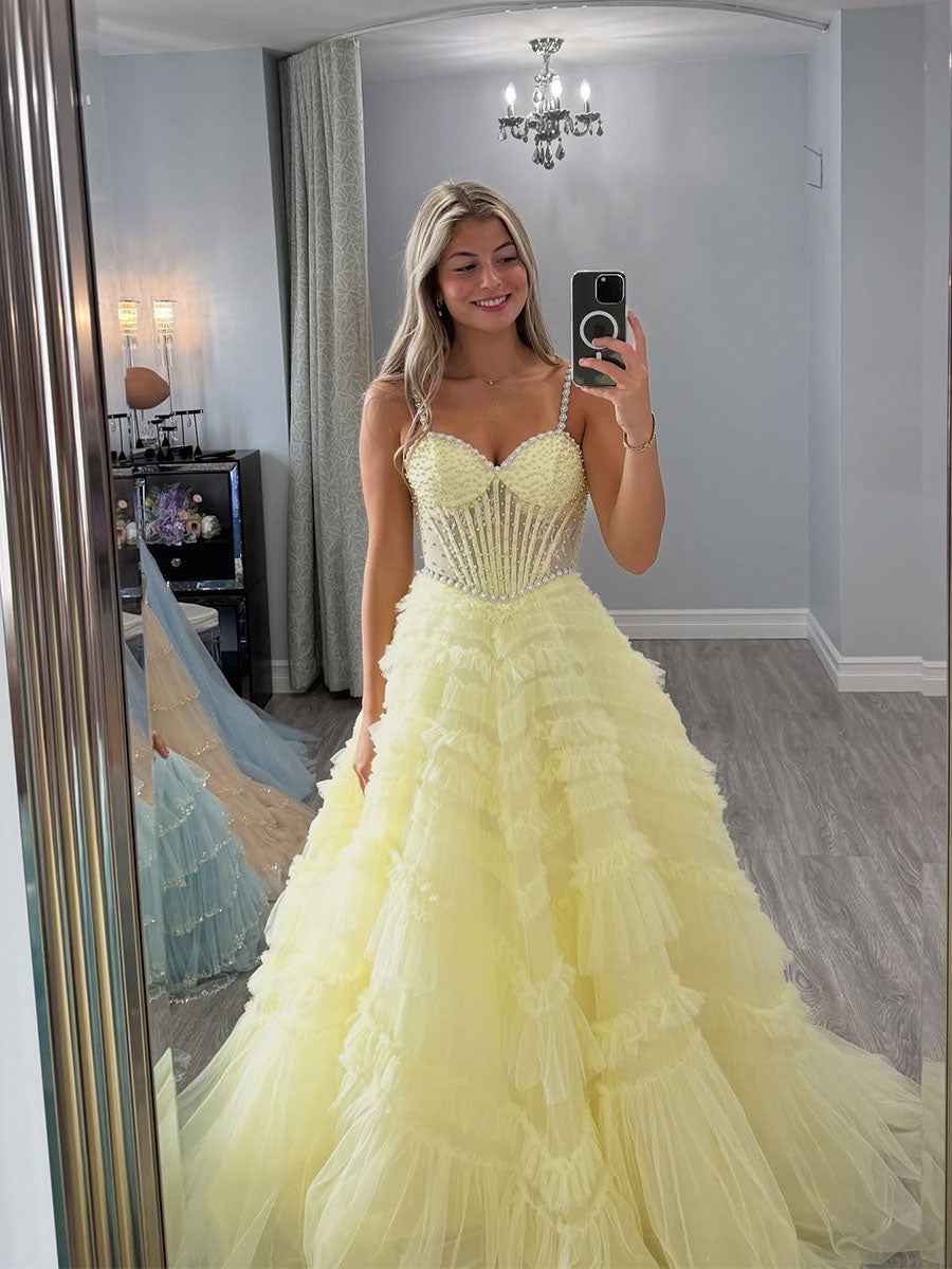 Yellow Pearl Corset Ruffled Tulle Long Prom Dress