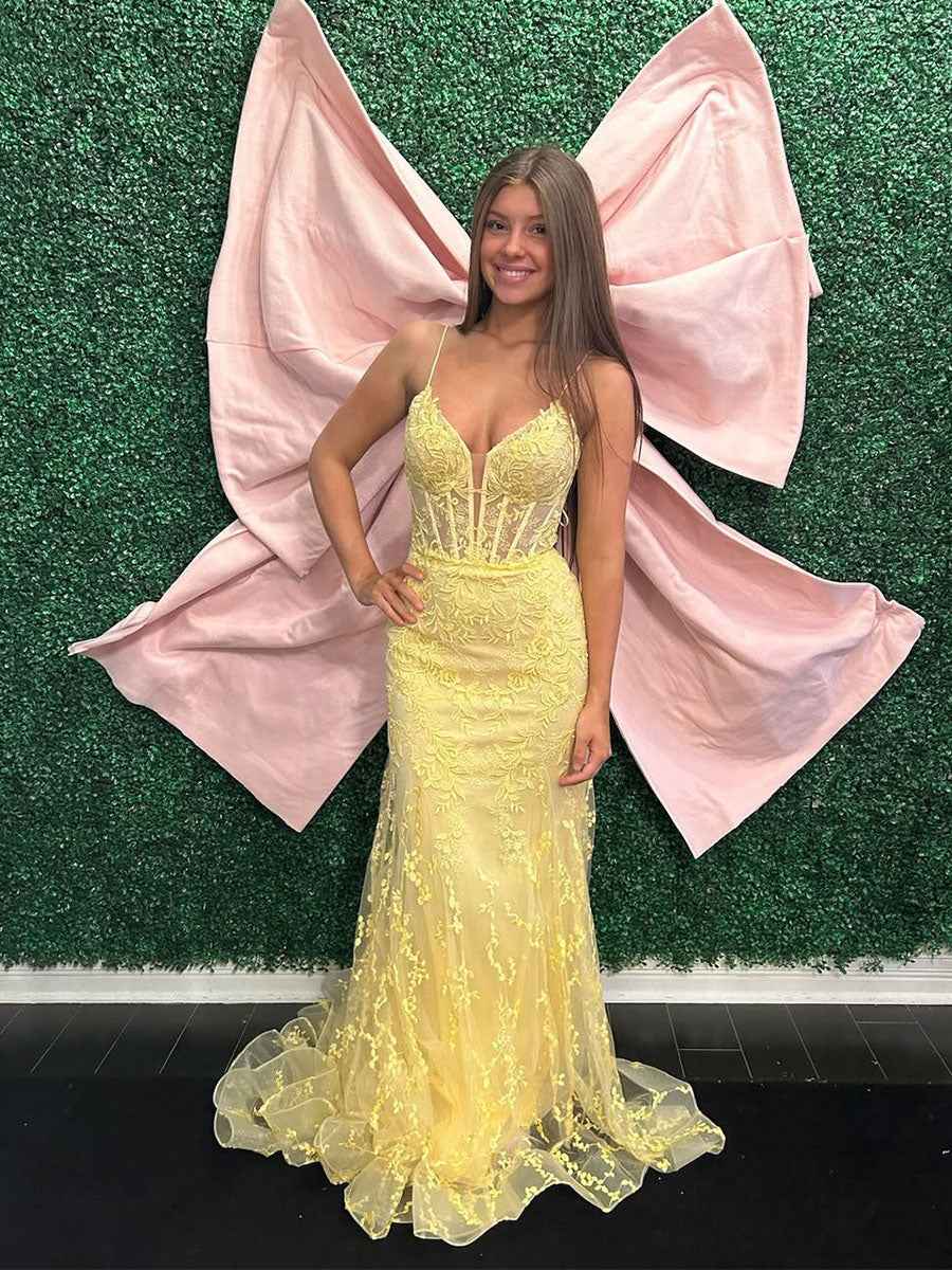 Pastel Yellow Plunging V-Neck Sheer Corset Prom Dress
