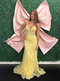 Pastel Yellow Plunging V-Neck Sheer Corset Prom Dress