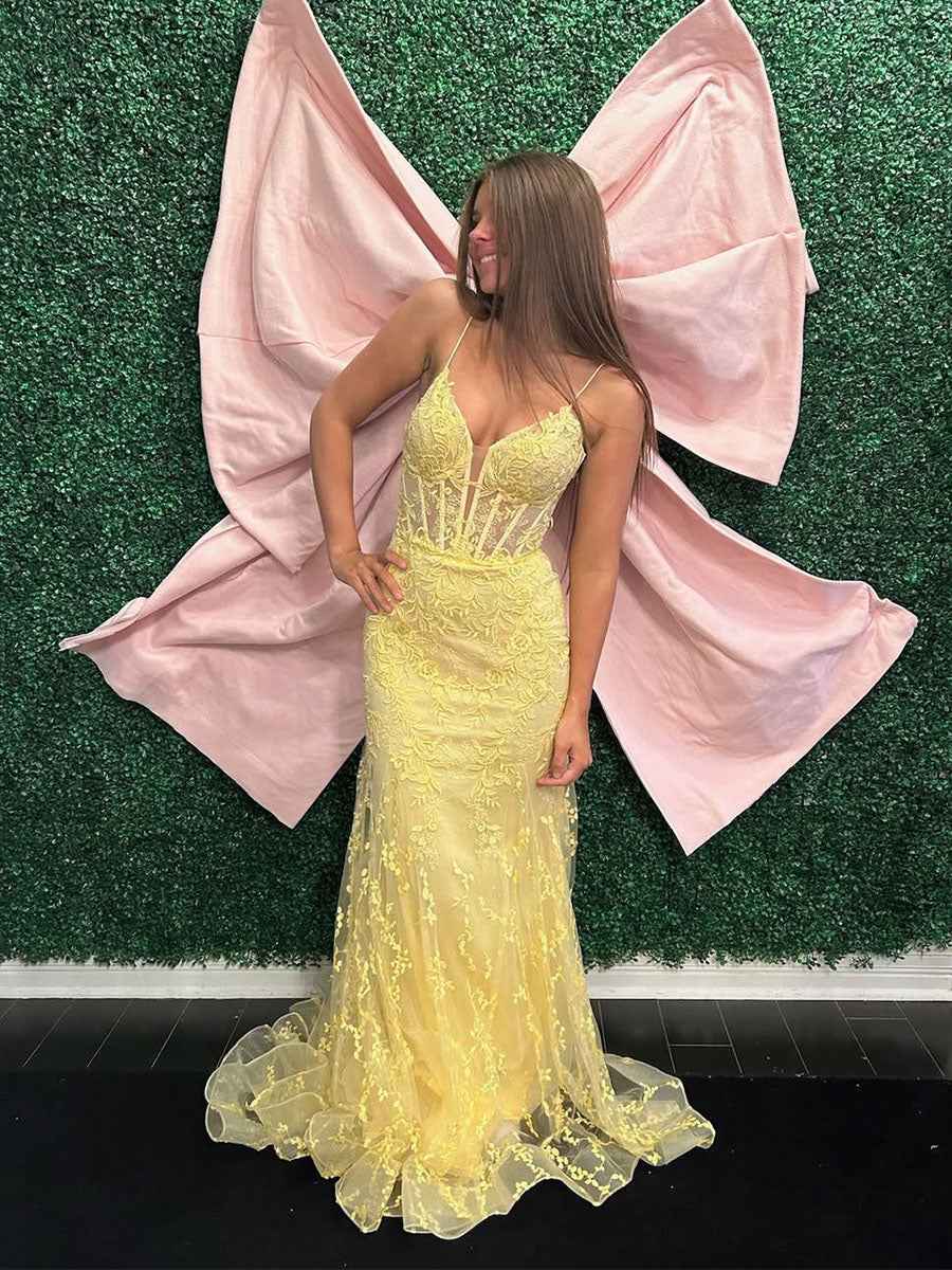 Pastel Yellow Plunging V-Neck Sheer Corset Prom Dress