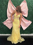 Pastel Yellow Plunging V-Neck Sheer Corset Prom Dress
