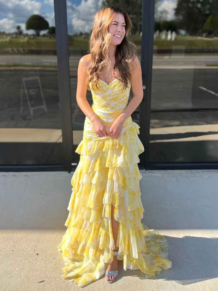 Yellow Print Mermaid Prom Dress With Sweetheart Neckline