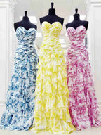 Yellow Print Mermaid Prom Dress With Sweetheart Neckline