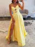 Yellow Strapless A-Line Prom Dress With Cutouts And High Slit