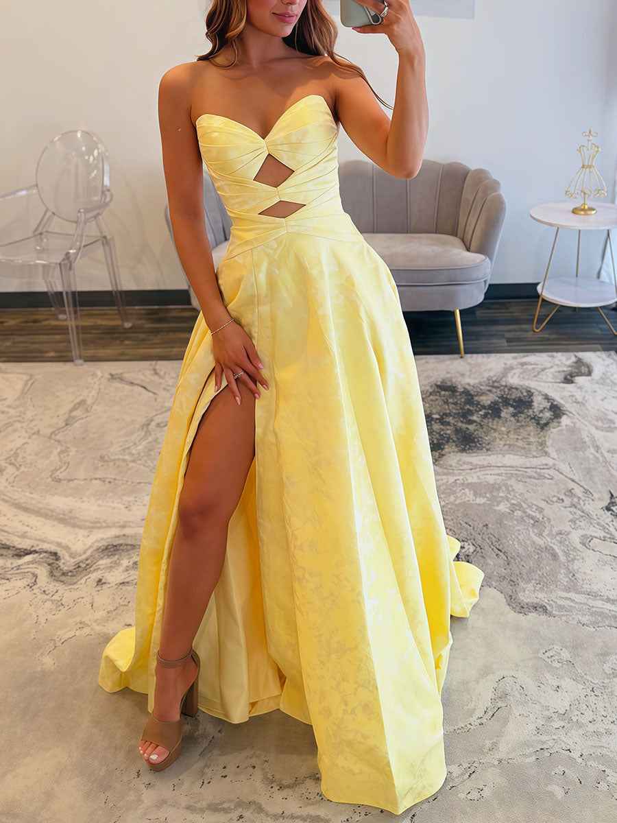 Yellow Strapless A-Line Prom Dress With Cutouts And High Slit