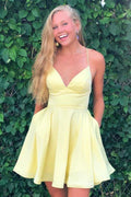 Yellow Satin A-line Spaghetti Straps Homecoming Dresses, Short Prom Dress