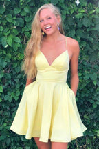Yellow Satin A-line Spaghetti Straps Homecoming Dresses, Short Prom Dress