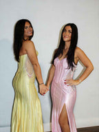 Yellow Satin Mermaid Corset Bodice Prom Dress With Rhinestones