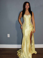 Yellow Satin Mermaid Corset Bodice Prom Dress With Rhinestones