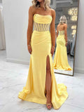 Yellow Satin Strapless Corset Prom Dress With Rhinestone Bodice And Side Slit