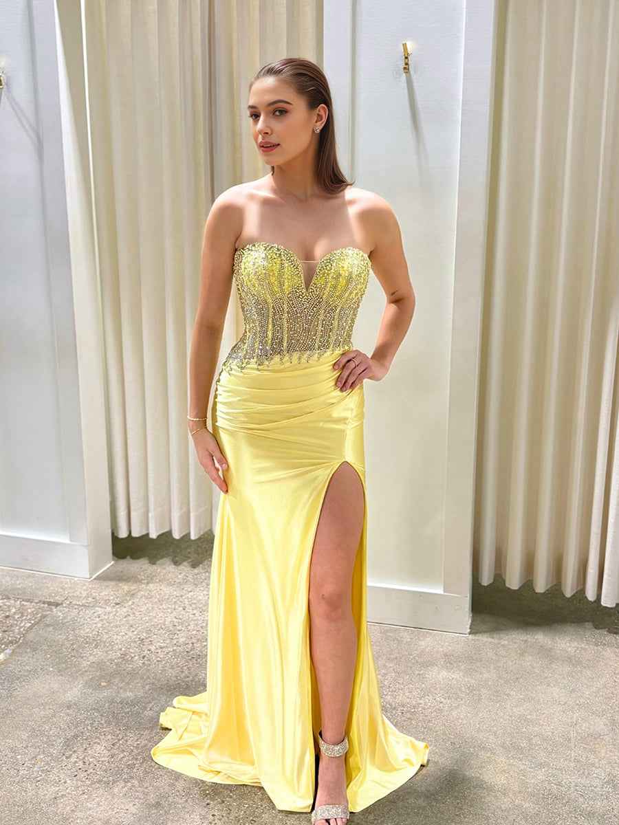 Radious Yellow Satin Strapless Crystal Beaded Corset Prom Gown