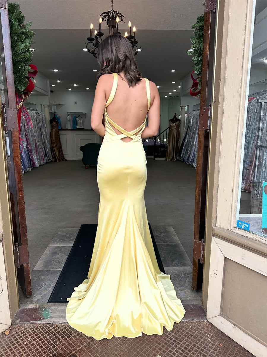 Lemon Yellow Satin V Neck Mermaid Prom Dress With Sweep Train