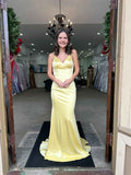 Lemon Yellow Satin V Neck Mermaid Prom Dress With Sweep Train