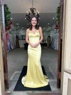 Lemon Yellow Satin V Neck Mermaid Prom Dress With Sweep Train
