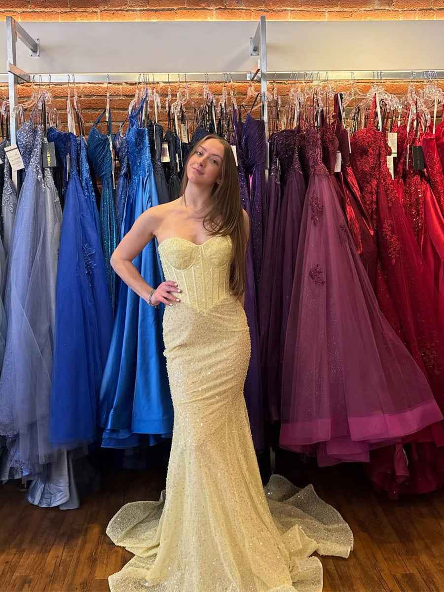 Pale Yellow Sequin Strapless Sweetheart Corset Mermaid Prom Dress