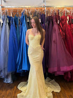 Pale Yellow Sequin Strapless Sweetheart Corset Mermaid Prom Dress