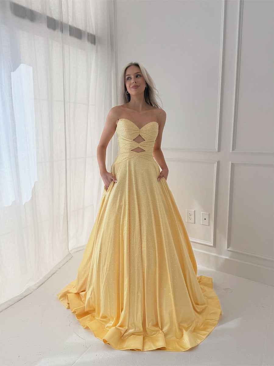 Shimmer Pastel Yellow Prom Dress With Pockets.