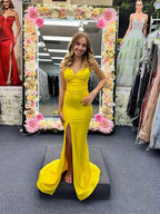 Yellow Spaghetti Strap Twisted Ruched Prom Dress With High Slit