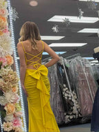 Yellow Spaghetti Strap Twisted Ruched Prom Dress With High Slit