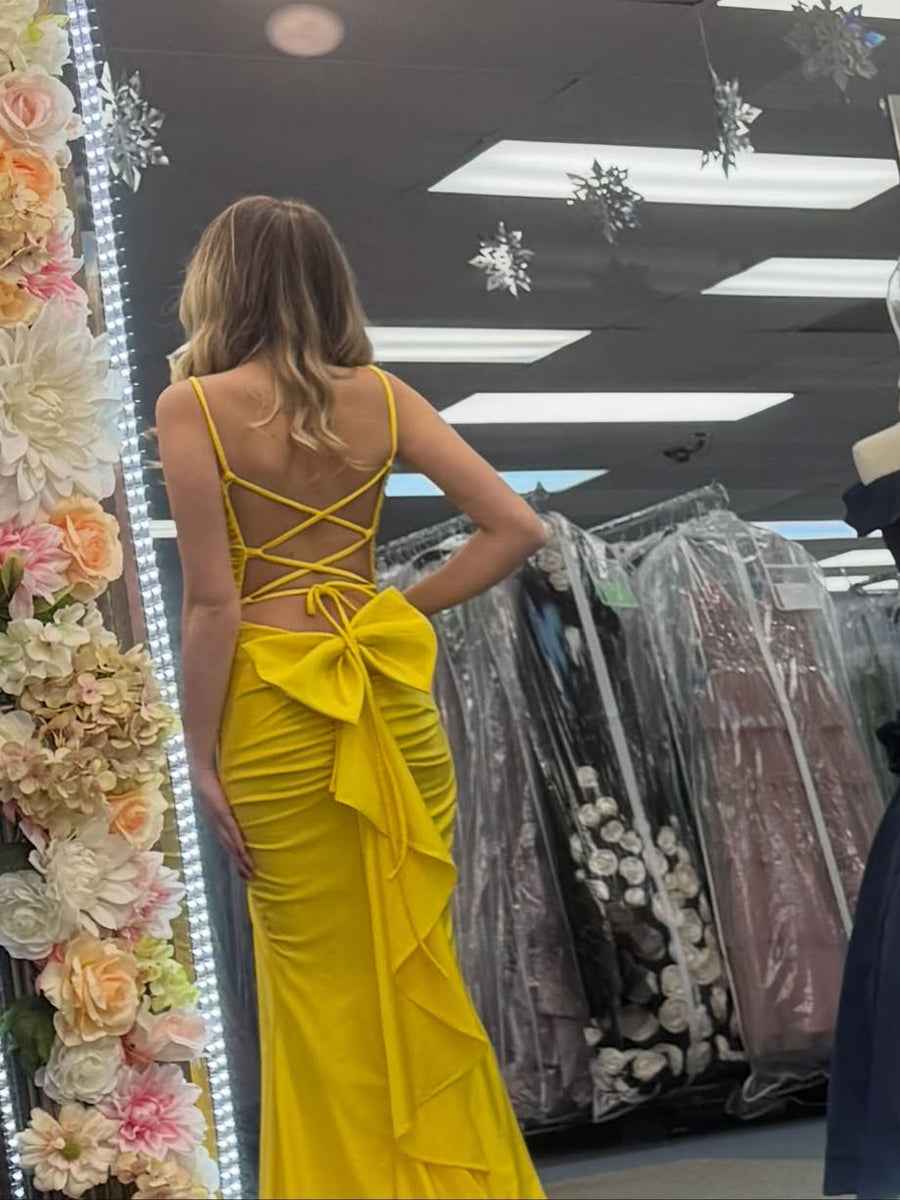 Yellow Spaghetti Strap Twisted Ruched Prom Dress With High Slit