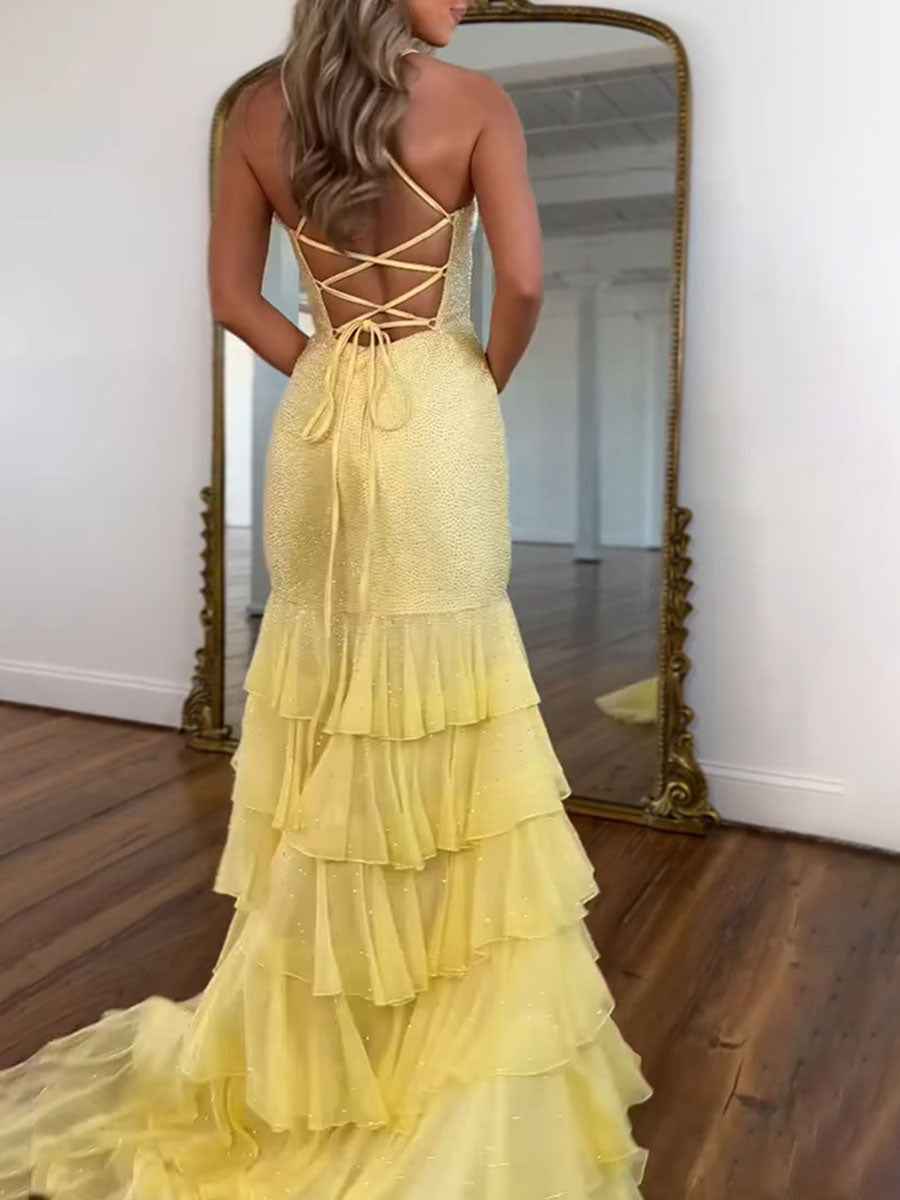 Yellow Sparkly Mermaid Sequin Plunging V Neck Prom Dress