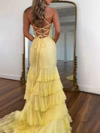 Yellow Sparkly Mermaid Sequin Plunging V Neck Prom Dress