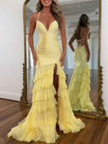 Yellow Sparkly Mermaid Sequin Plunging V Neck Prom Dress
