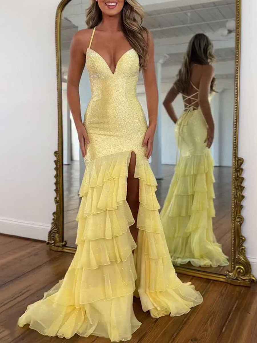Yellow Sparkly Mermaid Sequin Plunging V Neck Prom Dress