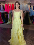Yellow Beaded Tiered Ruffle Long Prom Dress With Spaghetti Straps