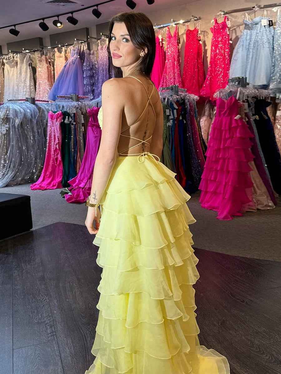 Yellow Beaded Tiered Ruffle Long Prom Dress With Spaghetti Straps