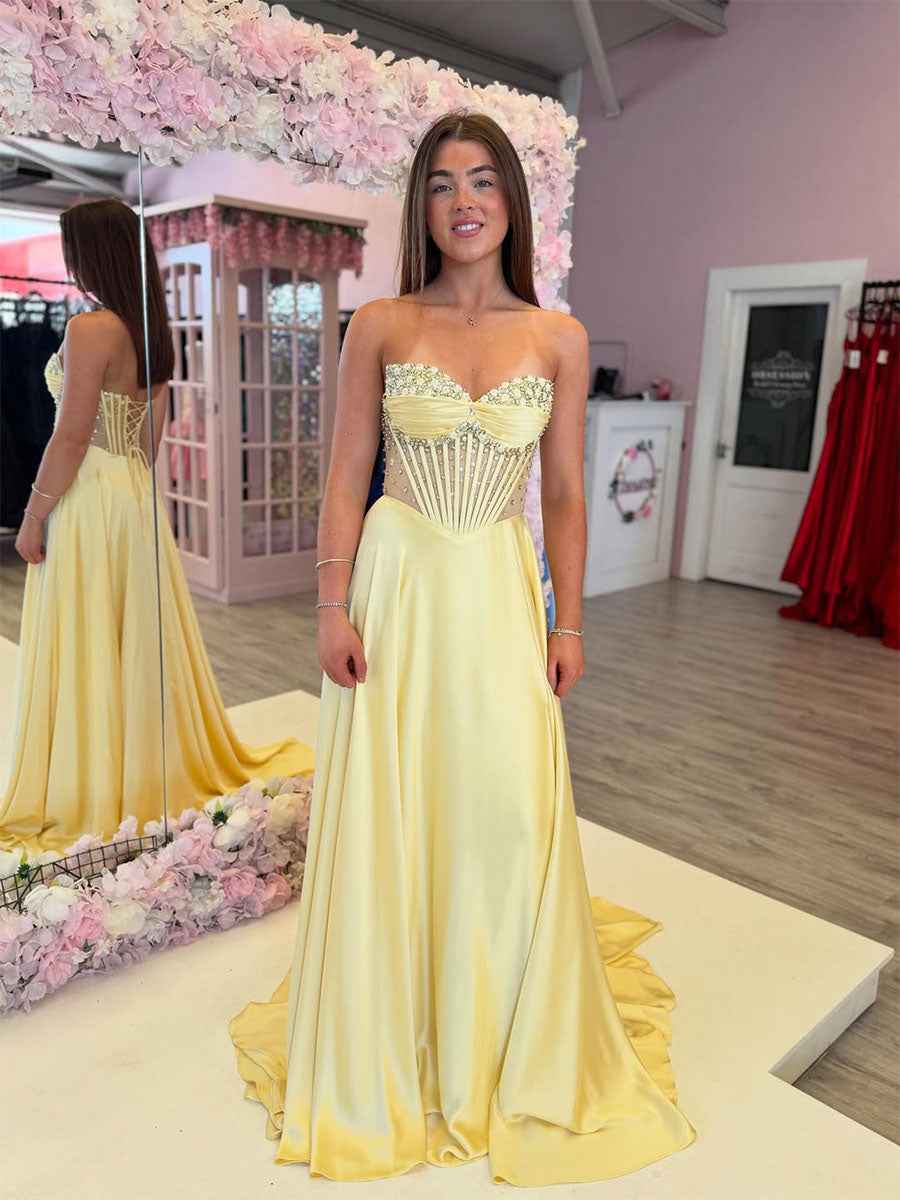 Yellow Strapless Beaded Corset Bodice Satin Prom Dress Crystal Embellishments
