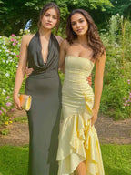 Elegant Pale Yellow Strapless Satin Prom Dress With High Slit