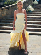 Elegant Pale Yellow Strapless Satin Prom Dress With High Slit